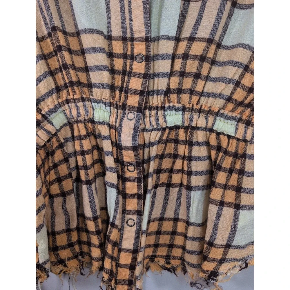 $118 Free People Pacific Dawn Plaid Shirt Peach Tree Plaid Snap Button Down S